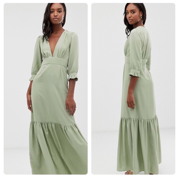 asos design plunge tea maxi dress with pep hem